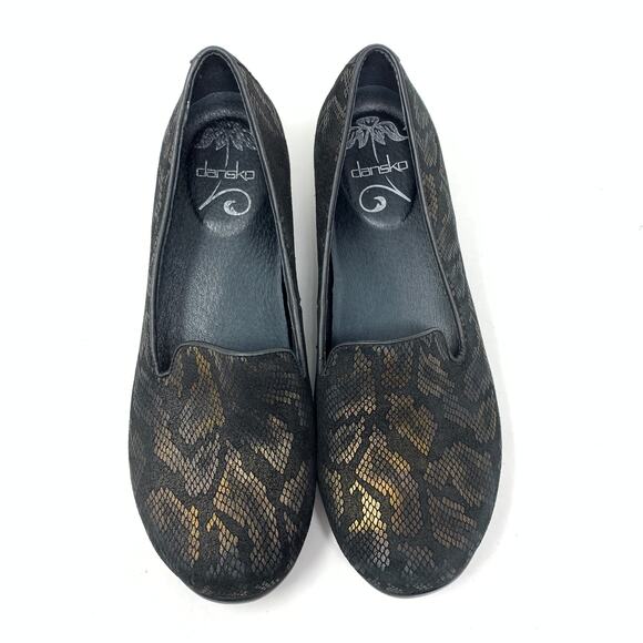 Dansko Womens Size 38 US 8 Olivia Bronze Snakeskin Black Wedge Loafers - Picture 3 of 7